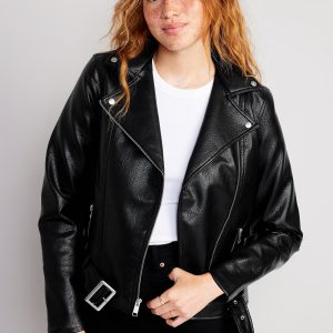 Faux-Leather Belted Biker Jacket