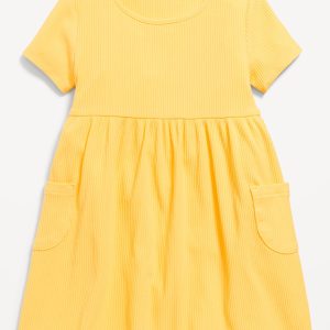 Short-Sleeve Ribbed Fit and Flare Pocket Dress for Toddler Girls