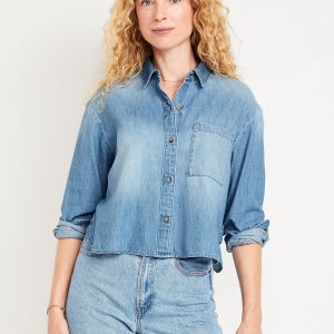 Cropped Jean Button-Down Shirt