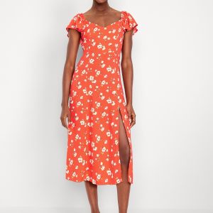 Flutter-Sleeve Crepe Midi Dress