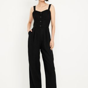 Button-Front Linen-Blend Cami Jumpsuit
