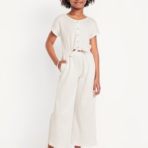 Short-Sleeve Button-Front Tie-Knot Jumpsuit for Girls