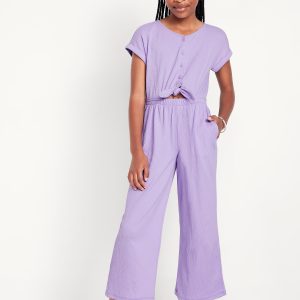 Short-Sleeve Button-Front Tie-Knot Jumpsuit for Girls