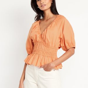 Smocked V-Neck Peplum Top