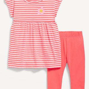 Printed Short-Sleeve Dress and Leggings Set for Baby
