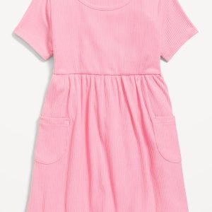 Short-Sleeve Ribbed Fit and Flare Pocket Dress for Toddler Girls