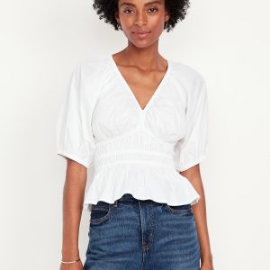 Smocked V-Neck Peplum Top