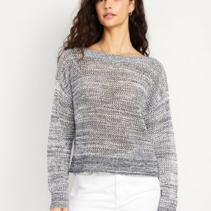 Boat-Neck Open-Stitch Sweater