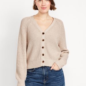 V-Neck Shaker-Stitch Cardigan Sweater