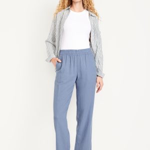 High-Waisted Linen-Blend Straight Ankle Pants
