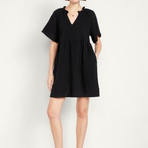 Split-Neck Crinkle Gauze Mini Swing Dress