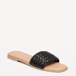 Faux-Leather Woven Slide Sandals