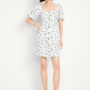 Puff-Sleeve Linen-Blend Mini Dress