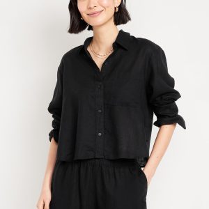 Linen-Blend Button-Down Crop Shirt