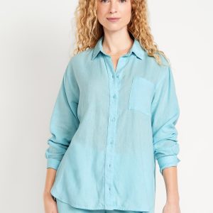 Linen-Blend Loose Button-Down Shirt