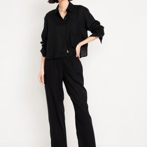 High-Waisted Linen-Blend Straight Ankle Pants