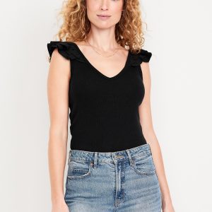 Ruffle-Trim Mixed Material Top