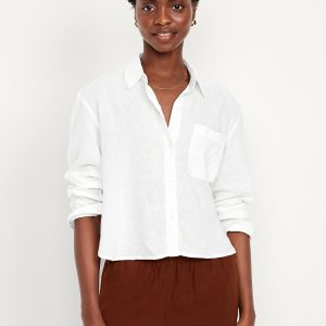 Linen-Blend Button-Down Crop Shirt