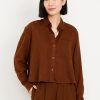 Linen-Blend Button-Down Crop Shirt