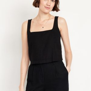 Square-Neck Linen-Blend Crop Tank Top
