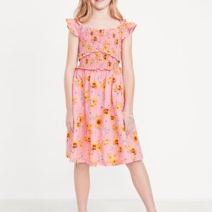 Printed Flutter-Sleeve Smocked Fit and Flare Dress for Girls