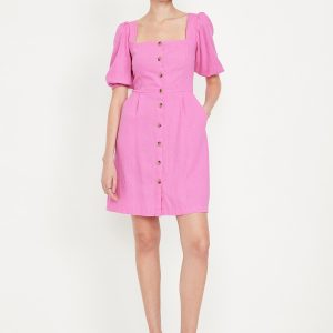 Puff-Sleeve Linen-Blend Mini Dress