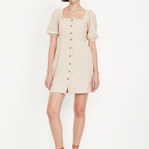 Puff-Sleeve Linen-Blend Mini Dress