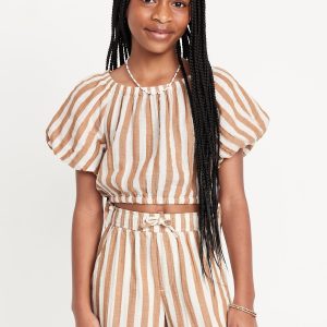 Printed Puff-Sleeve Double-Weave Top for Girls