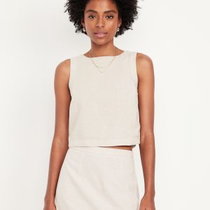 Hi-Neck Button-Back Linen-Blend Top