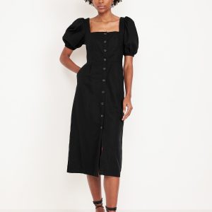 Linen-Blend Button-Front Midi Dress