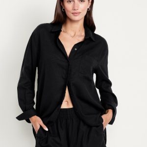 Linen-Blend Loose Button-Down Shirt