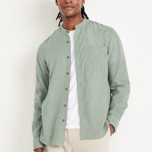 Banded-Collar Linen-Blend Shirt