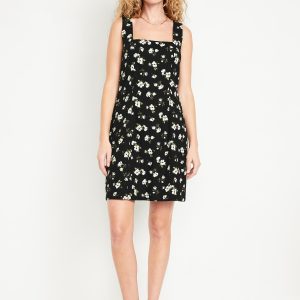 Square-Neck Linen-Blend Floral Mini Dress