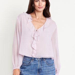 Ruffled Chiffon Cropped Blouse