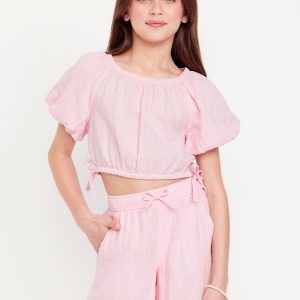Cropped Short Puff-Sleeve Double-Weave Top for Girls