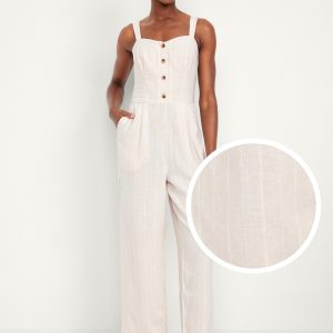 Button-Front Linen-Blend Cami Jumpsuit