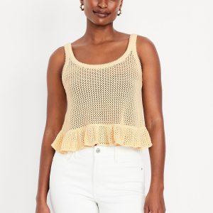 Sleeveless Open-Stitch Peplum Sweater
