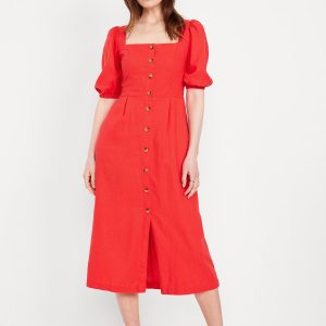 Linen-Blend Button-Front Midi Dress