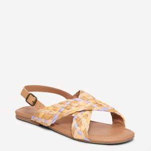 Faux-Leather Raffia Cross-Strap Sandals for Girls