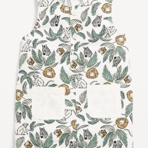 Printed Sleeveless Linen-Blend Henley One-Piece Romper for Baby