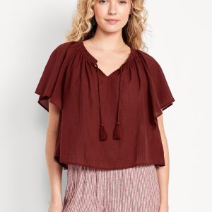 Crinkle Gauze Tassel-Tie Shirred Top