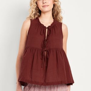 Sleeveless Crinkle Gauze Tie-Front Top