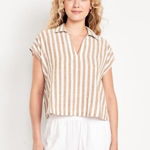 Linen-Blend Cropped Popover Shirt