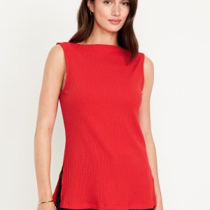 Slit-Neck Ribbed Top