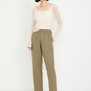 High-Waisted Linen-Blend Straight Ankle Pants