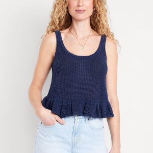 Sleeveless Open-Stitch Peplum Sweater
