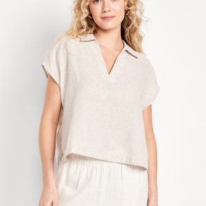 Linen-Blend Cropped Popover Shirt