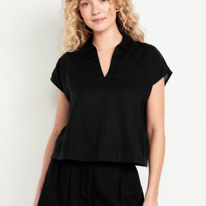 Linen-Blend Cropped Popover Shirt