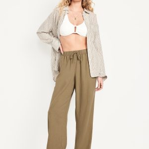 High-Waisted Linen-Blend Straight Pants
