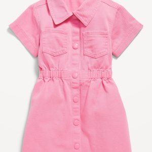 Short-Sleeve Cinched-Waist Twill Dress for Toddler Girls